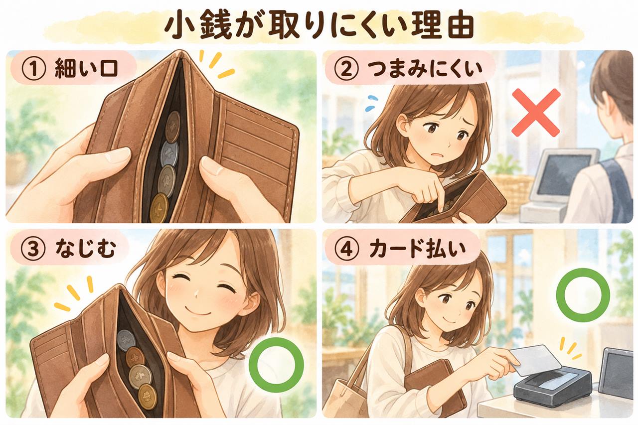 図解:小銭が取りにくい理由(細い口・つまみにくい・なじむ・カード払い)