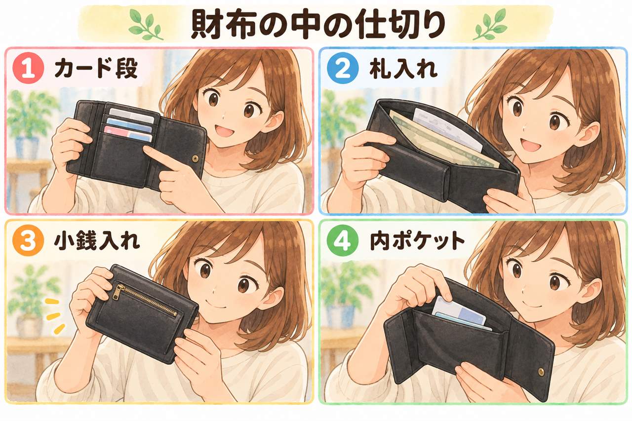 図解:財布の中の仕切り(カード段・札入れ・小銭入れ・内ポケット)