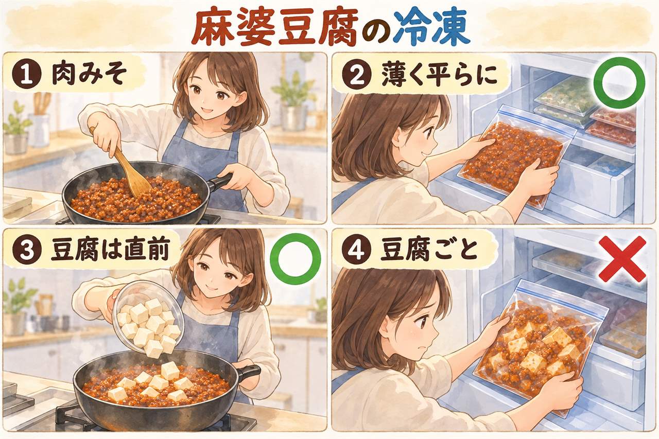 図解:麻婆豆腐の冷凍(肉みそ・薄く平らに・豆腐は直前・豆腐ごと)