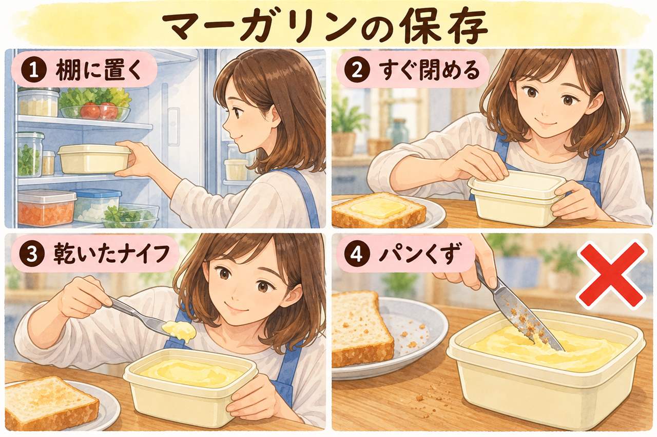 図解：マーガリンの保存（棚に置く・すぐ閉める・乾いたナイフ・パンくず）