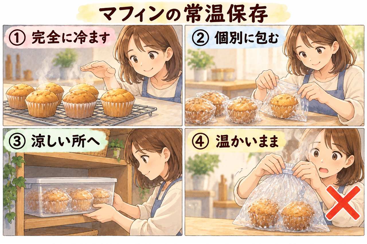 図解:マフィンの常温保存(完全に冷ます・個別に包む・涼しい所へ・温かいまま)