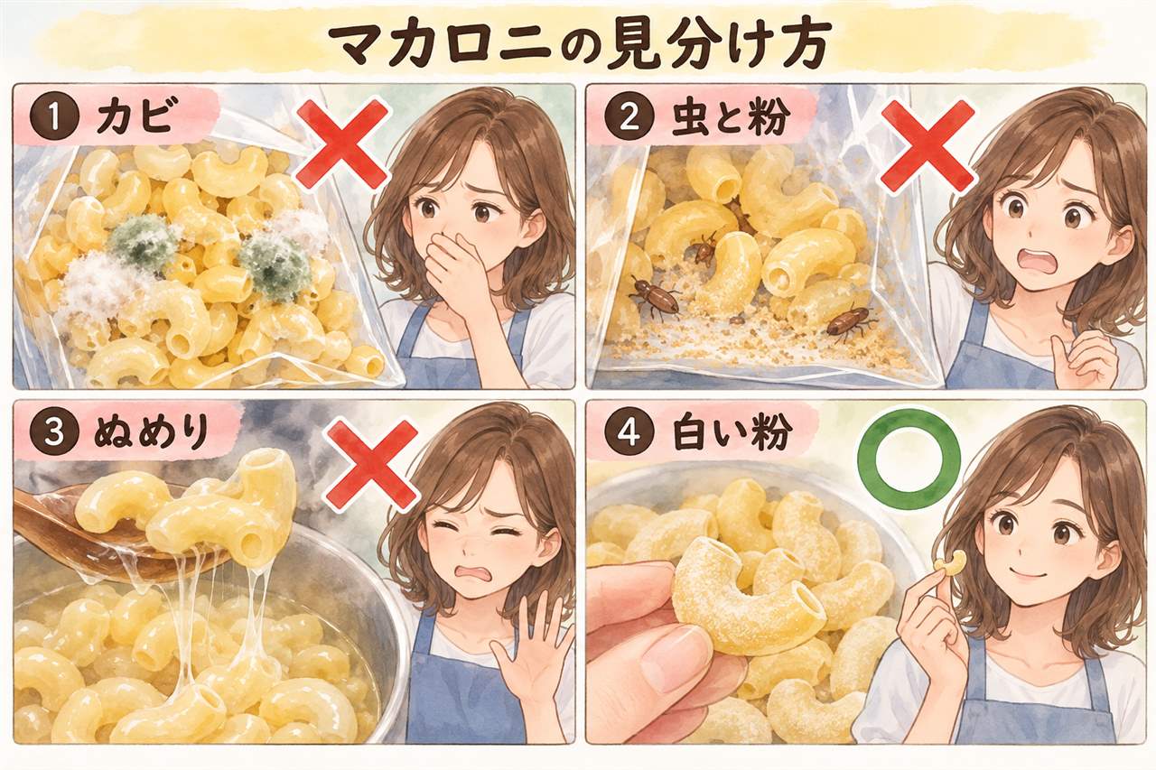 図解:マカロニの見分け方(カビ・虫と粉・ぬめり・白い粉)