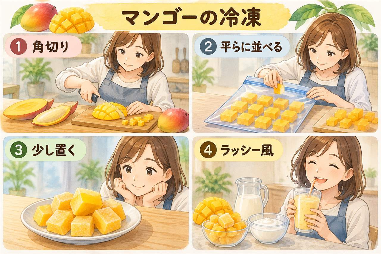 図解:マンゴーの冷凍(角切り・平らに並べる・少し置く・ラッシー風)