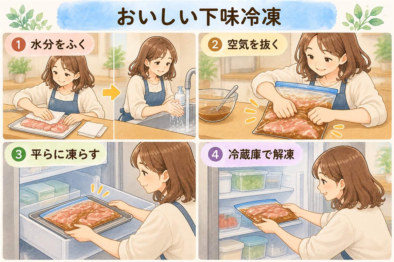 図解：おいしい下味冷凍（水分をふく・空気を抜く・平らに凍らす・冷蔵庫で解凍）