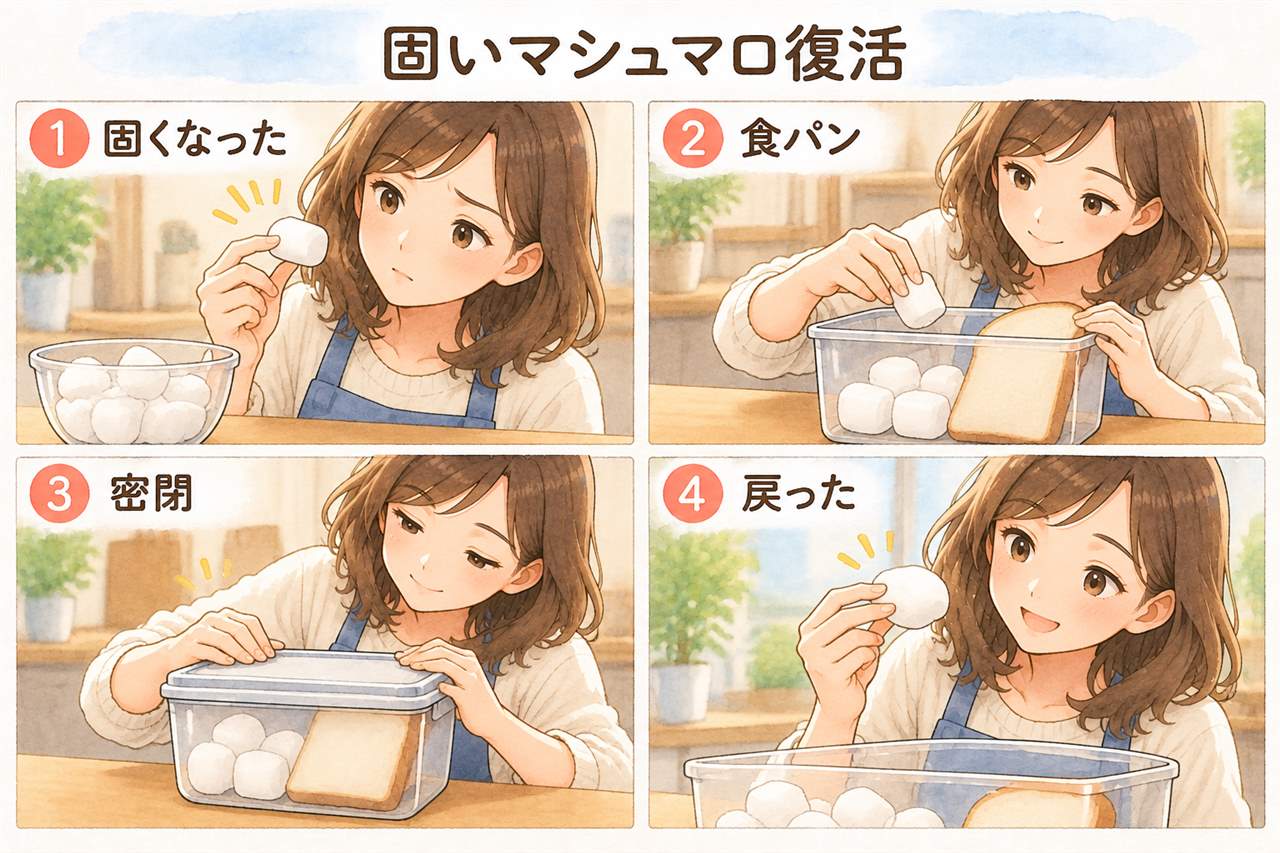 図解:固いマシュマロ復活(固くなった・食パン・密閉・戻った)