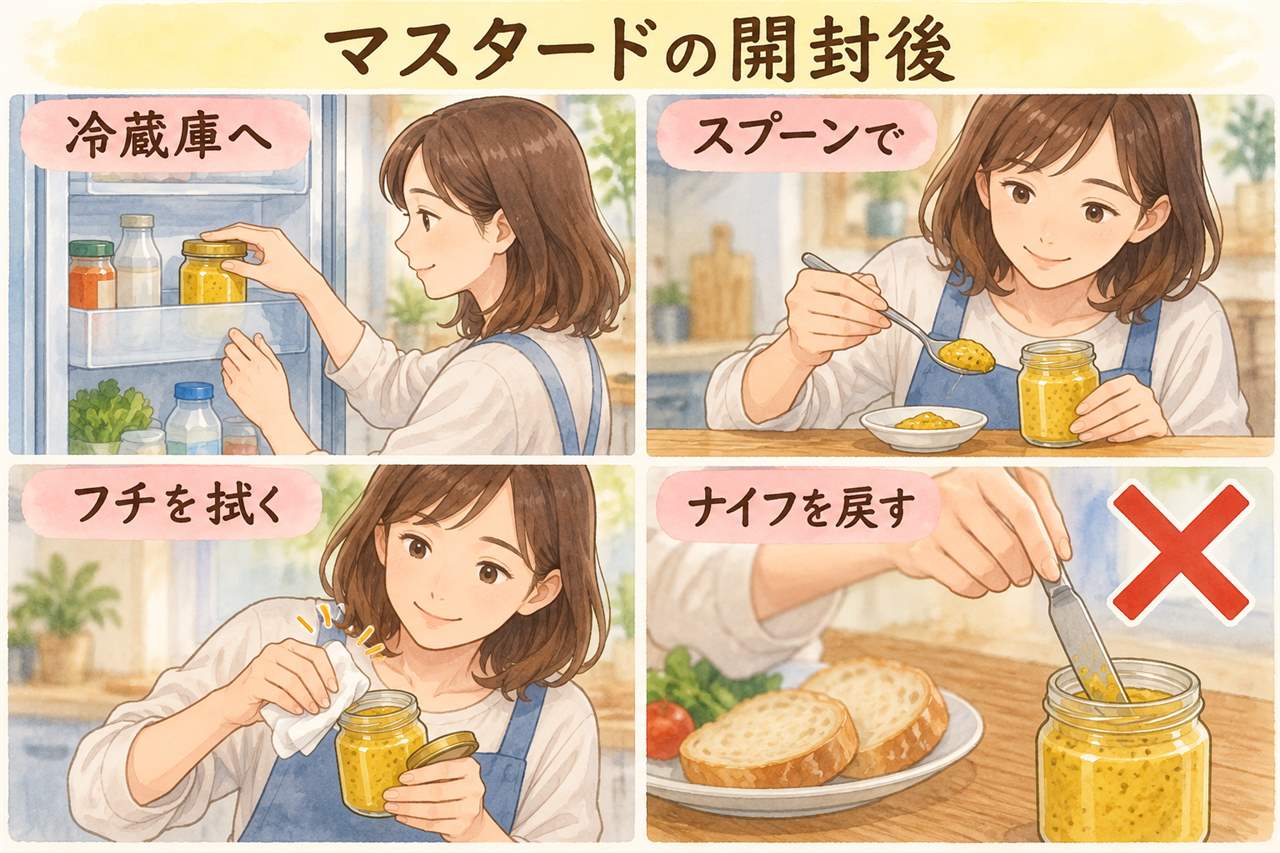 図解：マスタードの開封後（冷蔵庫へ・スプーンで・フチを拭く・ナイフを戻す）