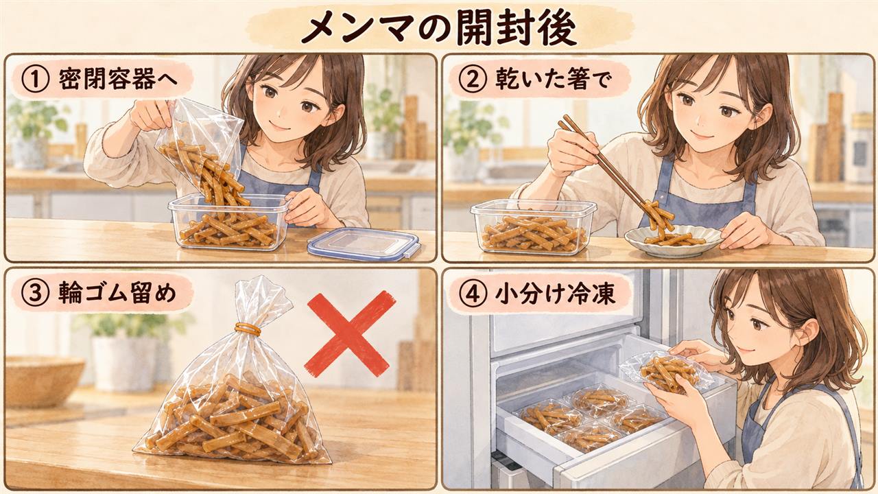 図解:メンマの開封後(密閉容器へ・乾いた箸で・輪ゴム留め・小分け冷凍)