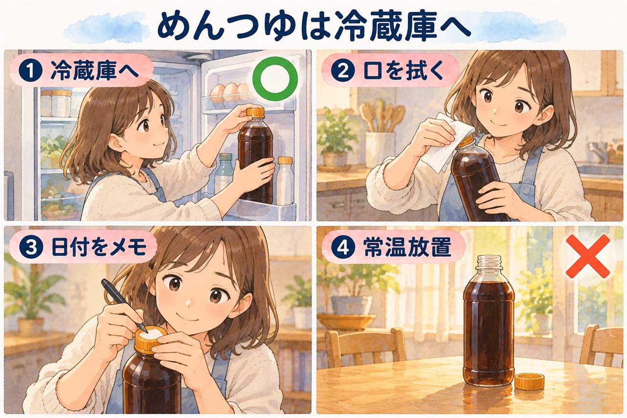 図解：めんつゆは冷蔵庫へ（冷蔵庫へ・口を拭く・日付をメモ・常温放置）