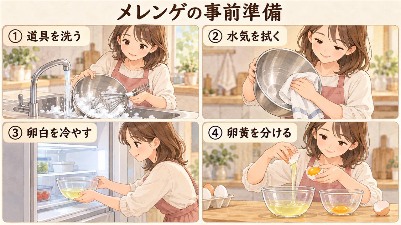 図解：メレンゲの事前準備（道具を洗う・水気を拭く・卵白を冷やす・卵黄を分ける）