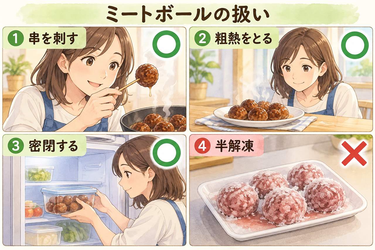 図解：ミートボールの扱い（串を刺す・粗熱をとる・密閉する・半解凍）