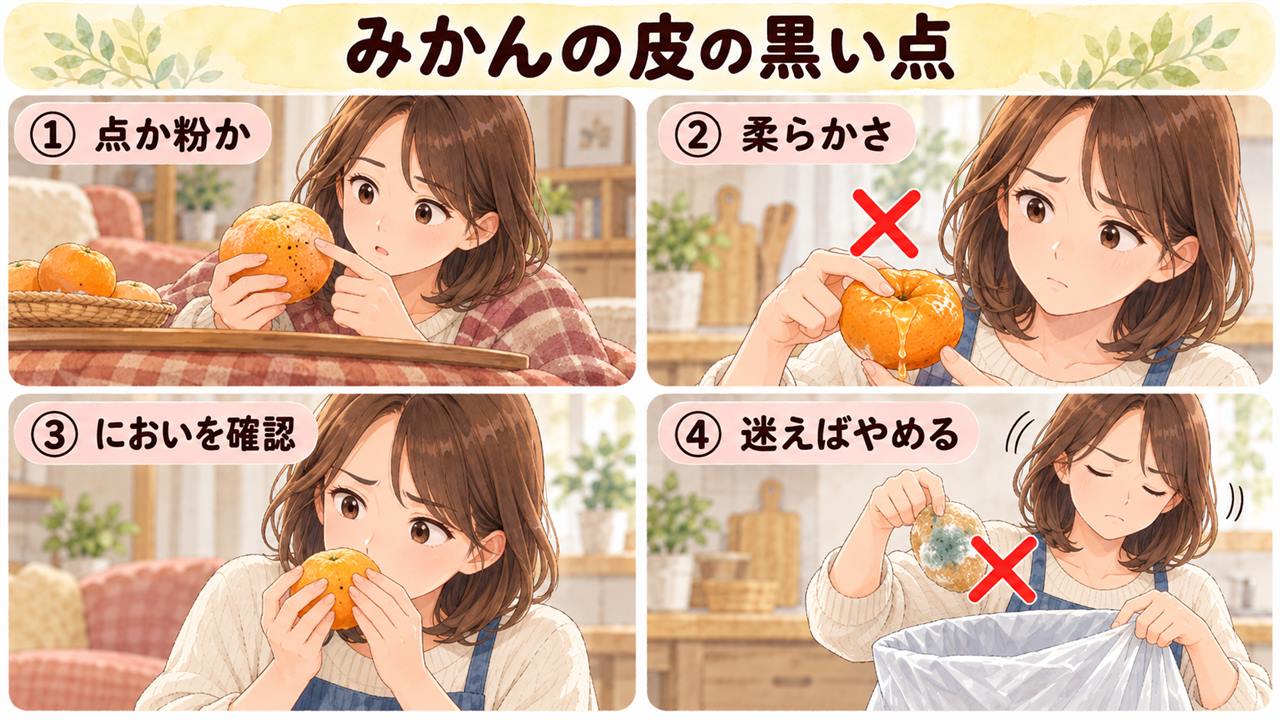 4コマ漫画：みかんの皮の黒い点（点か粉か・柔らかさ・においを確認・迷えばやめる）