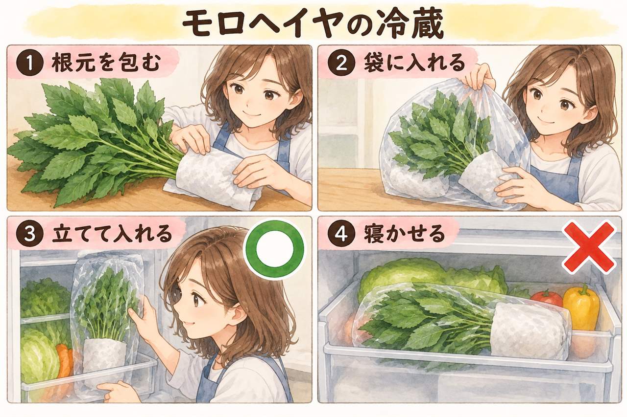 図解:モロヘイヤの冷蔵(根元を包む・袋に入れる・立てて入れる・寝かせる)