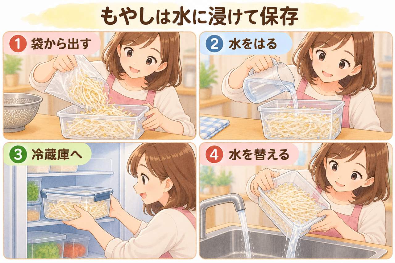 図解:もやしは水に浸けて保存