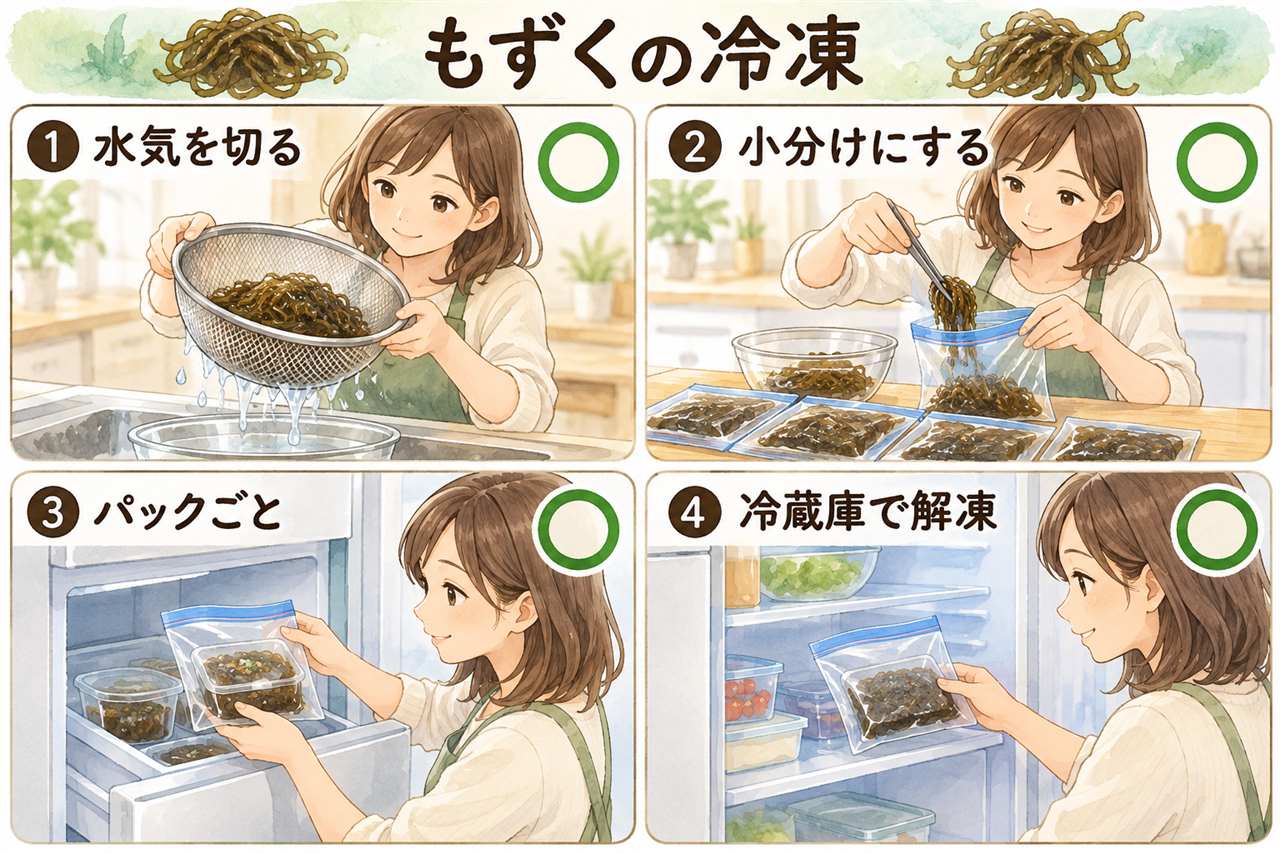 図解:もずくの冷凍(水気を切る・小分けにする・パックごと・冷蔵庫で解凍)