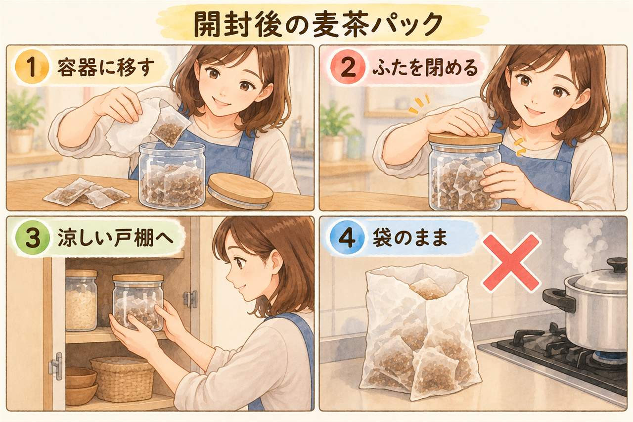 図解:開封後の麦茶パック(容器に移す・ふたを閉める・涼しい戸棚へ・袋のまま)