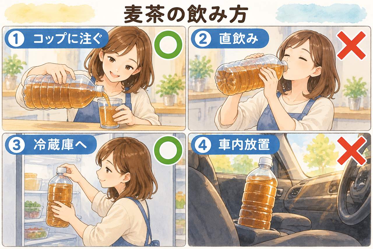 図解:麦茶の飲み方(コップに注ぐ・直飲み・冷蔵庫へ・車内放置)
