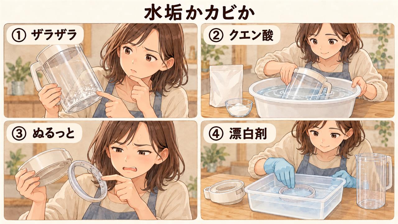 図解：水垢かカビか（ザラザラ・クエン酸・ぬるっと・漂白剤）