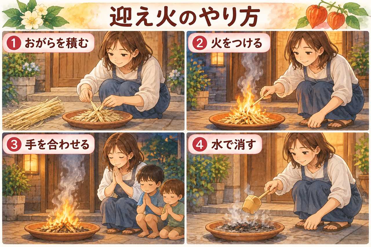 図解：迎え火のやり方（おがらを積む・火をつける・手を合わせる・水で消す）