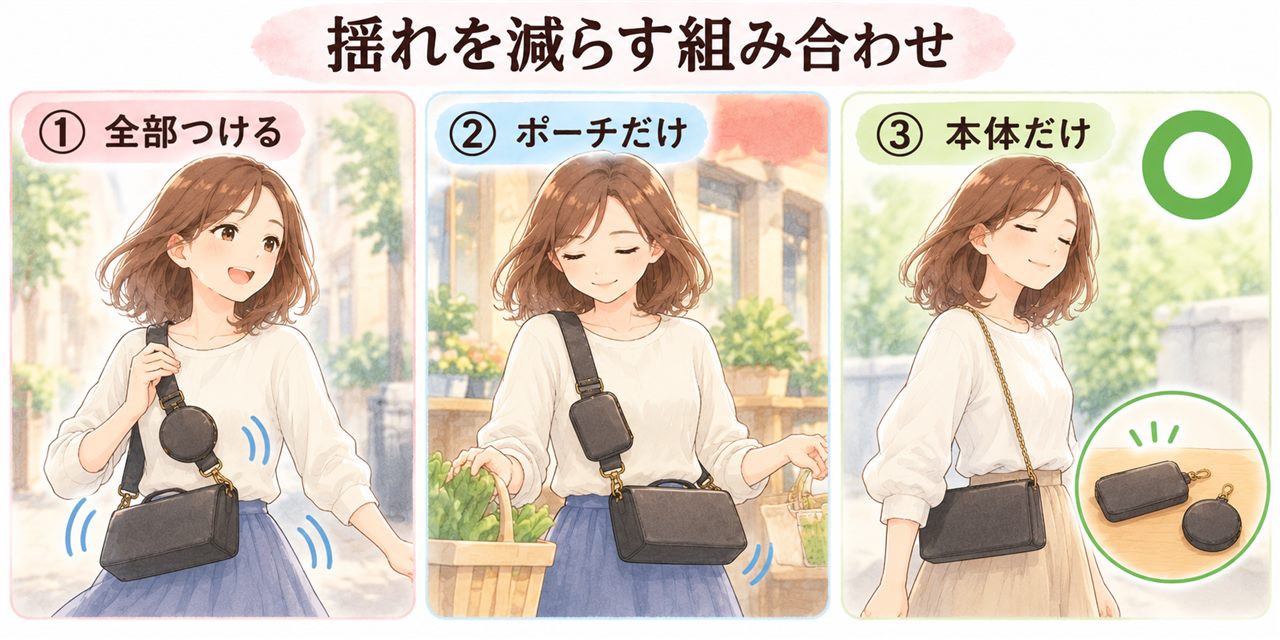 図解：揺れを減らす組み合わせ（全部つける・ポーチだけ・本体だけ）