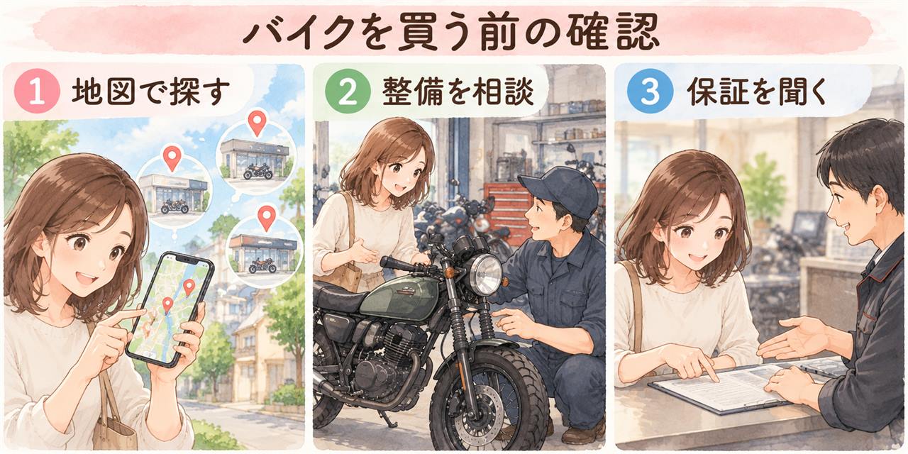 図解：バイクを買う前の確認（地図で探す・整備を相談・保証を聞く）