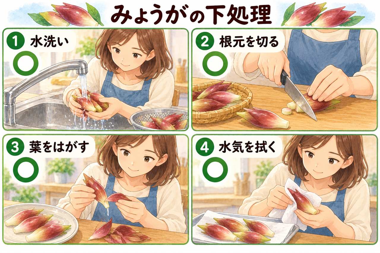 図解:みょうがの下処理(水洗い・根元を切る・葉をはがす・水気を拭く)