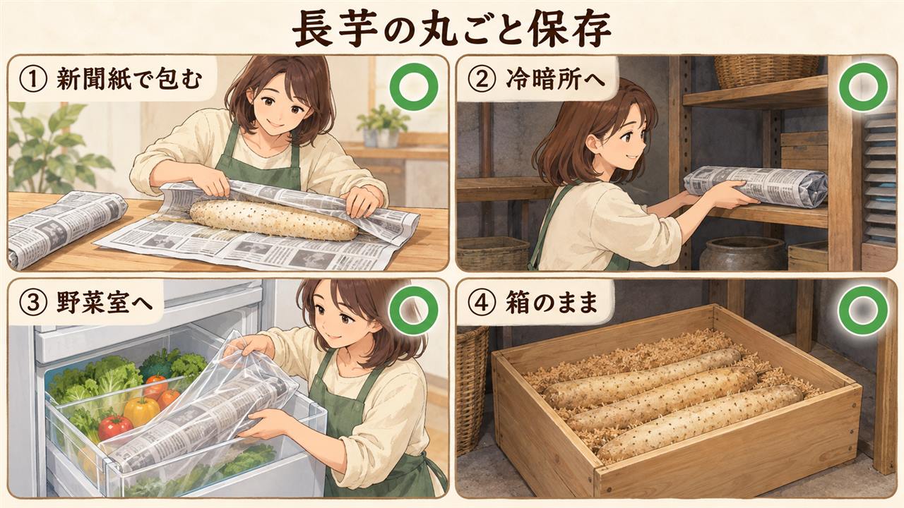 図解：長芋の丸ごと保存（新聞紙で包む・冷暗所へ・野菜室へ・箱のまま）
