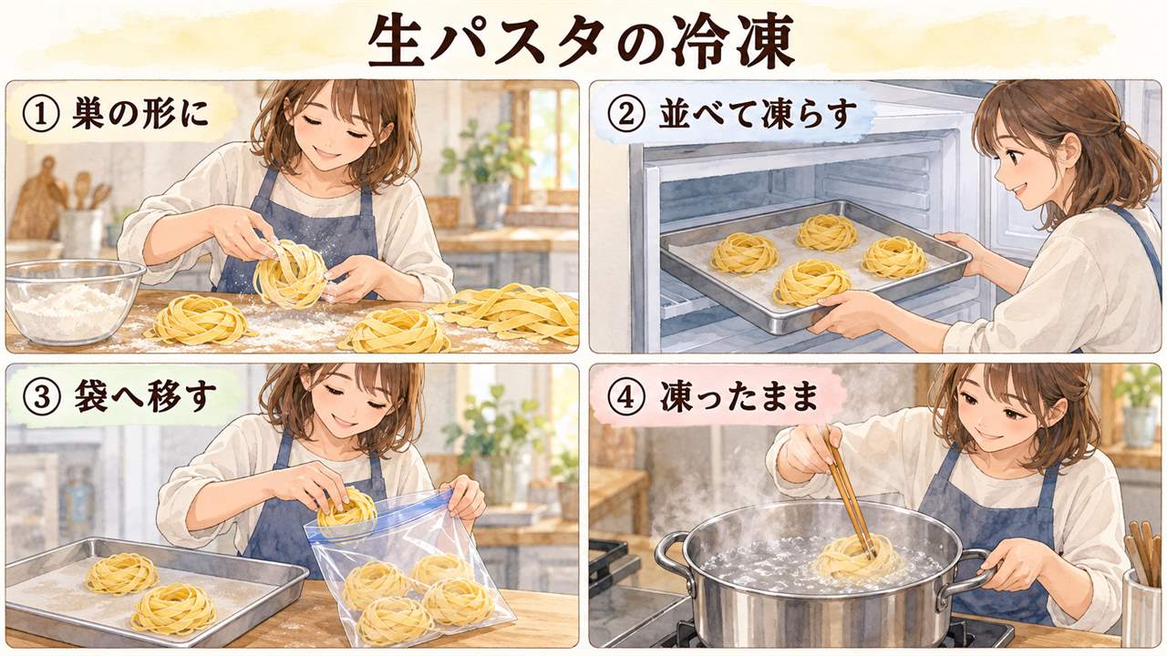 図解:生パスタの冷凍(巣の形に・並べて凍らす・袋へ移す・凍ったまま)