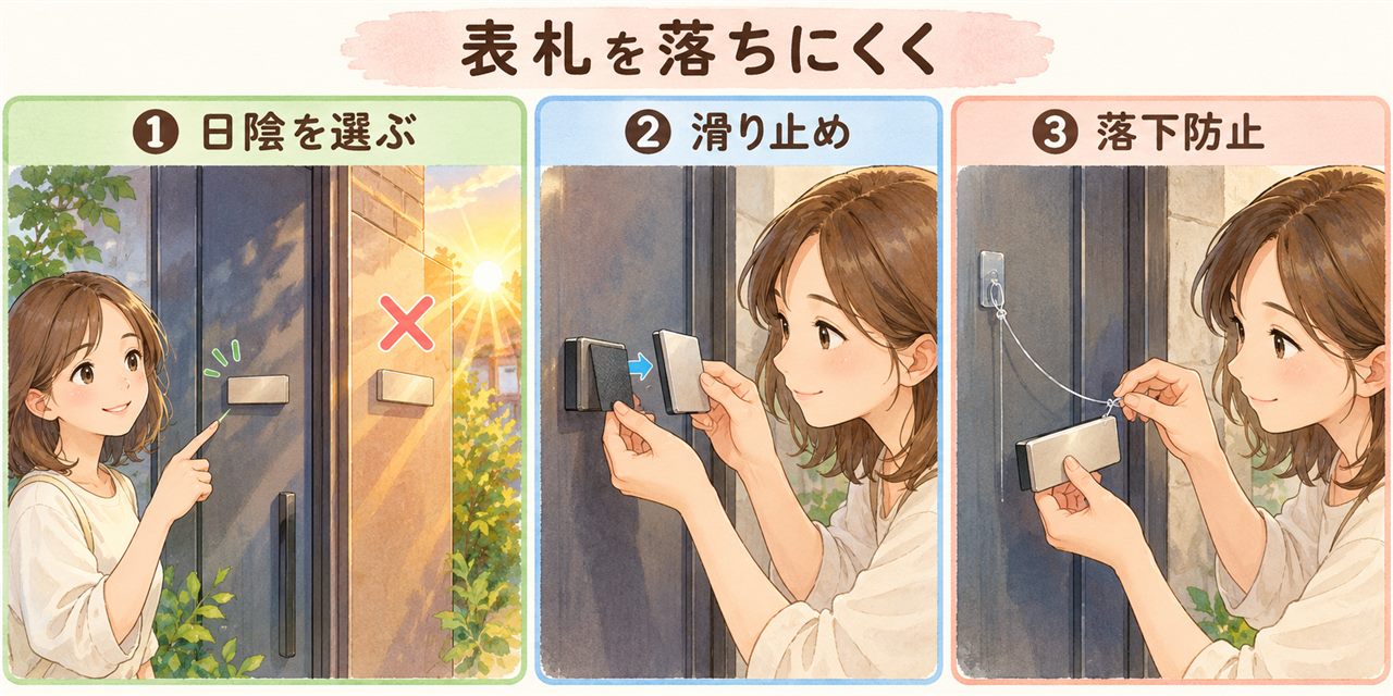 図解：表札を落ちにくく（日陰を選ぶ・滑り止め・落下防止）