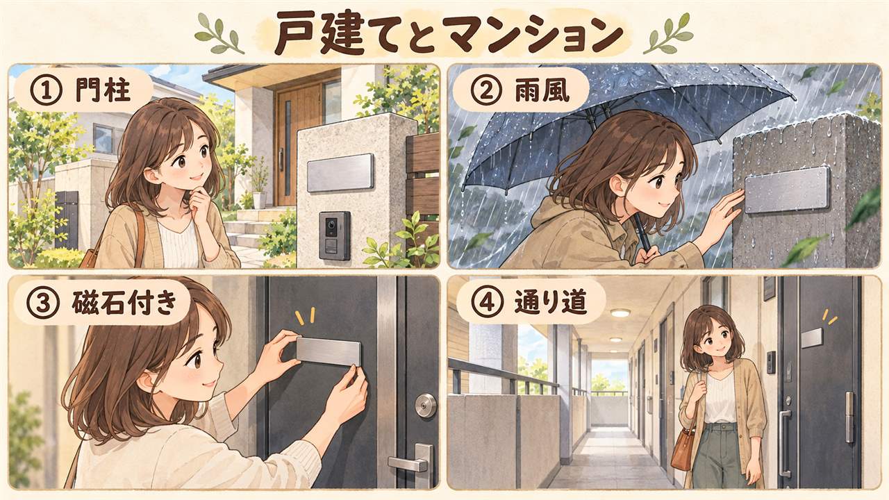 図解：戸建てとマンション（門柱・雨風・磁石付き・通り道）