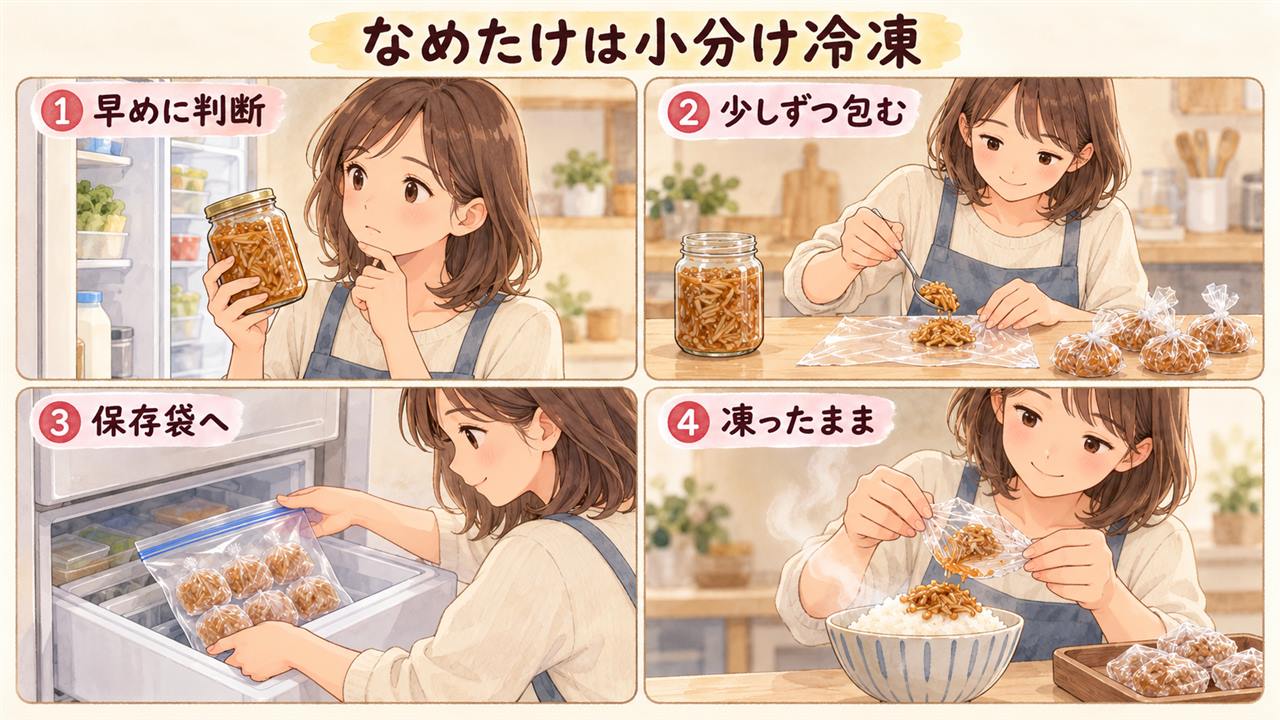 図解:なめたけは小分け冷凍