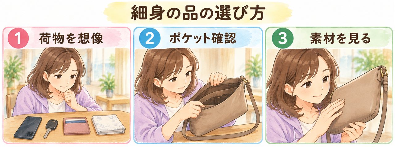 図解:細身の品の選び方(荷物を想像・ポケット確認・素材を見る)