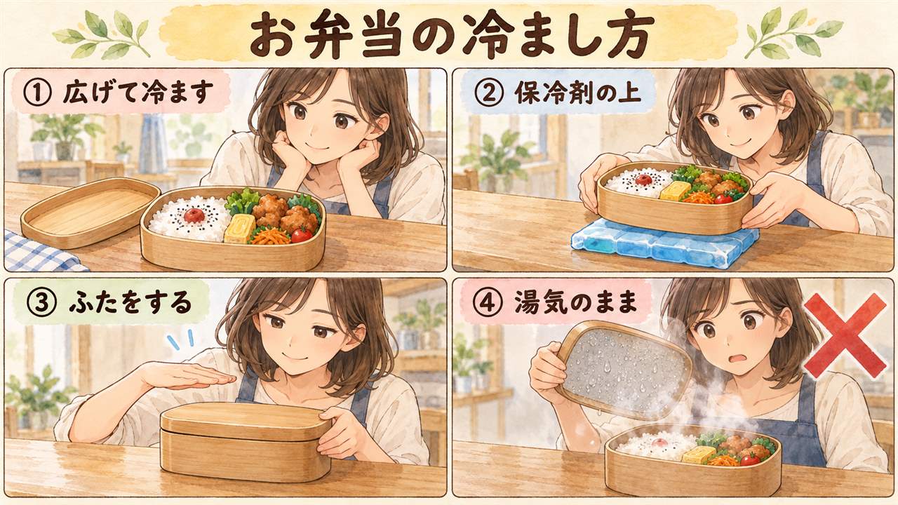 図解：お弁当の冷まし方（広げて冷ます・保冷剤の上・ふたをする・湯気のまま）