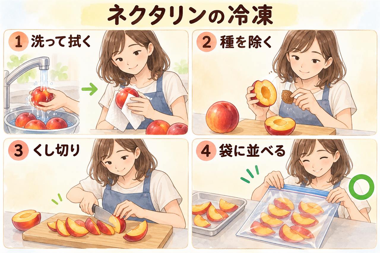 図解:ネクタリンの冷凍(洗って拭く・種を除く・くし切り・袋に並べる)