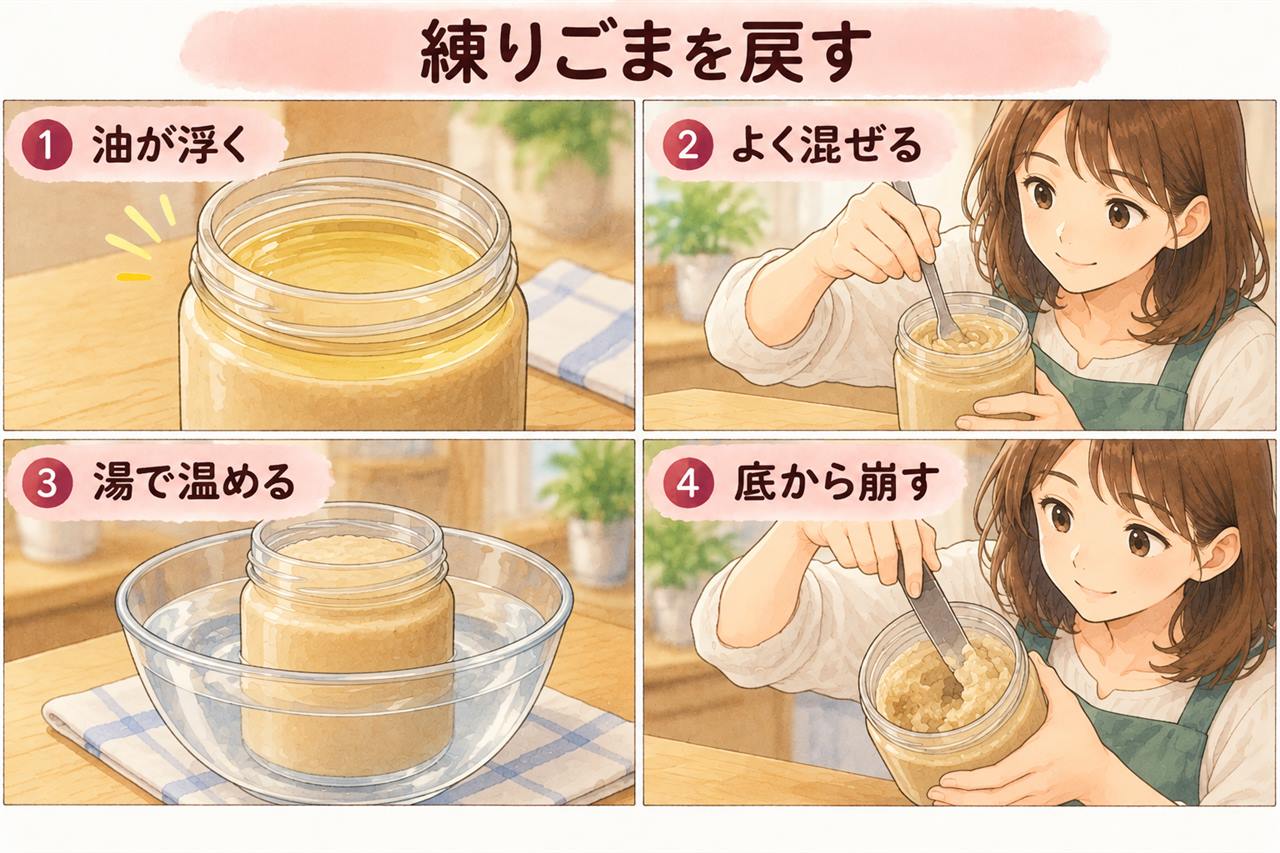 図解:練りごまを戻す(油が浮く・よく混ぜる・湯で温める・底から崩す)