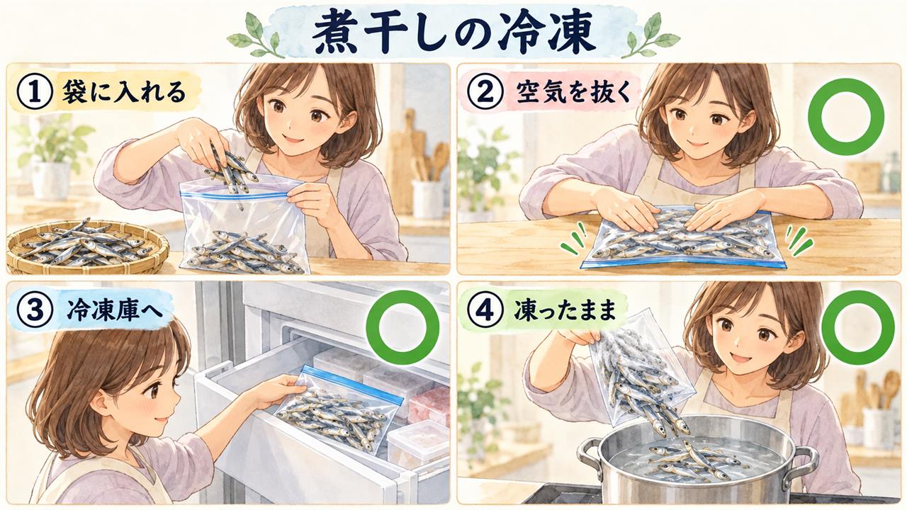 図解:煮干しの冷凍(袋に入れる・空気を抜く・冷凍庫へ・凍ったまま)