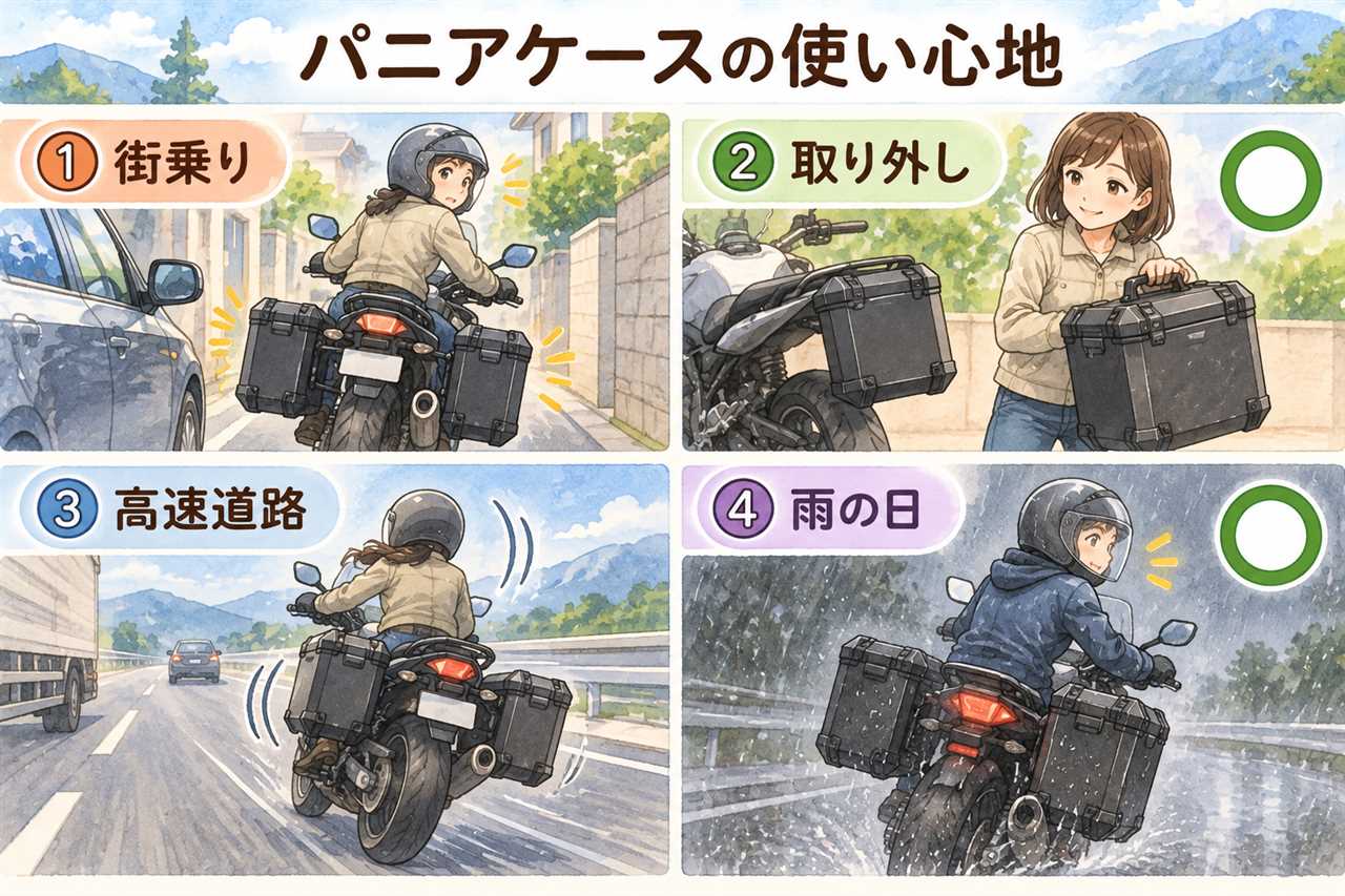 図解：パニアケースの使い心地（街乗り・取り外し・高速道路・雨の日）