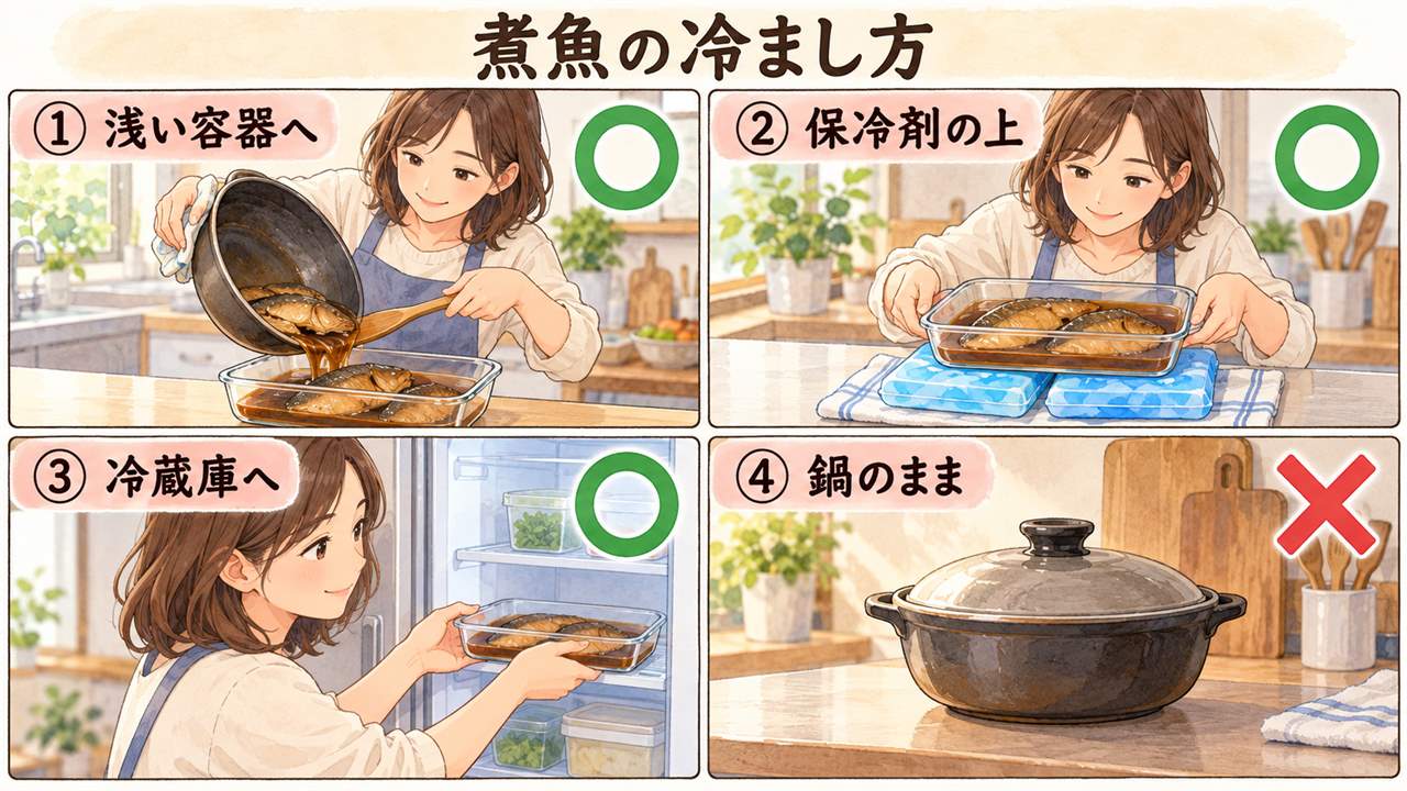 図解:煮魚の冷まし方(浅い容器へ・保冷剤の上・冷蔵庫へ・鍋のまま)