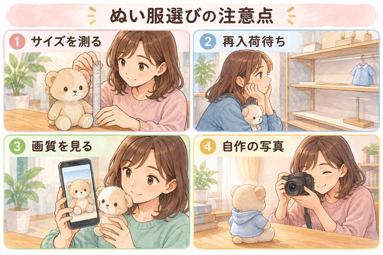 図解：ぬい服選びの注意点（サイズを測る・再入荷待ち・画質を見る・自作の写真）