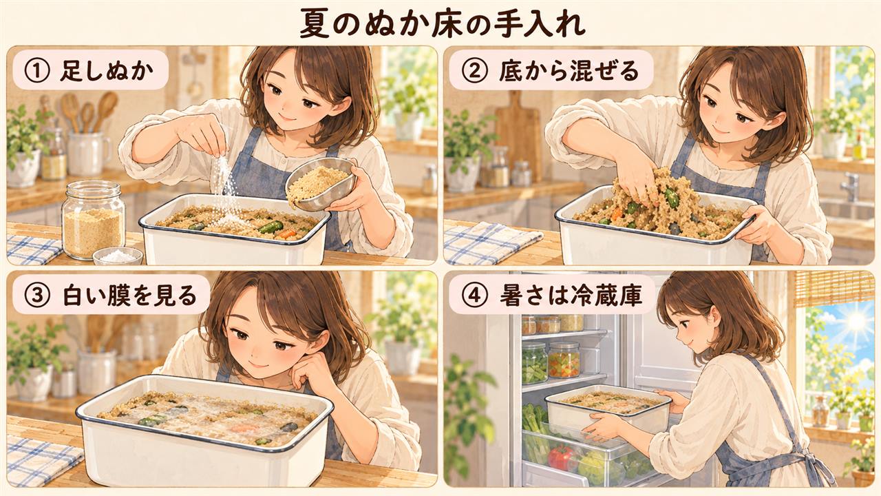 4コマ漫画：夏のぬか床の手入れ（足しぬか・底から混ぜる・白い膜を見る・暑さは冷蔵庫）