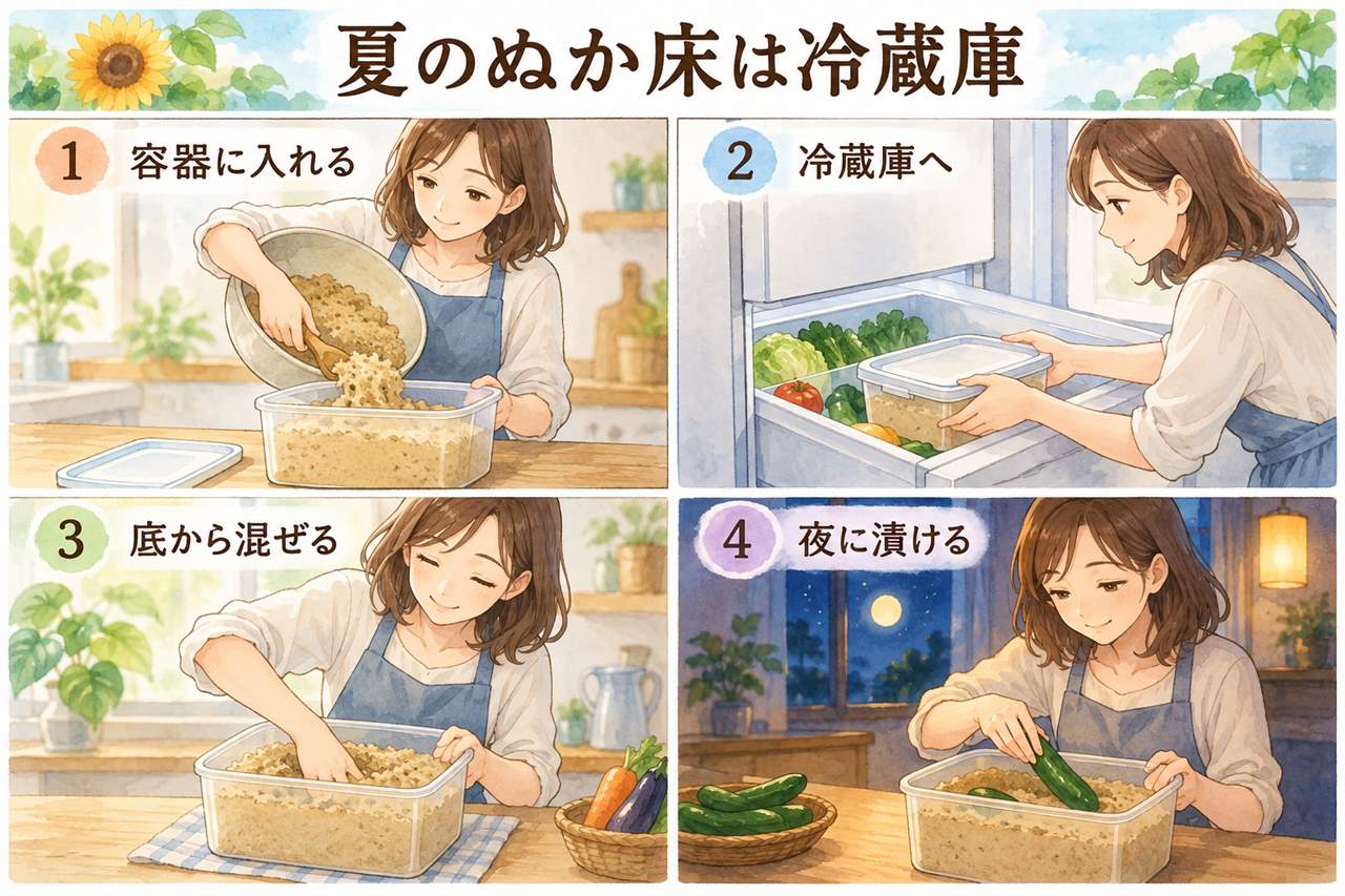 図解:夏のぬか床は冷蔵庫(容器に入れる・冷蔵庫へ・底から混ぜる・夜に漬ける)