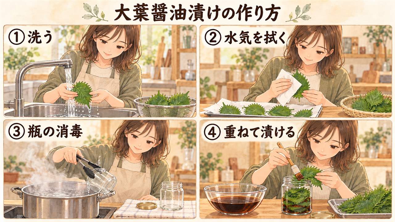 図解:大葉醤油漬けの作り方(洗う・水気を拭く・瓶の消毒・重ねて漬ける)