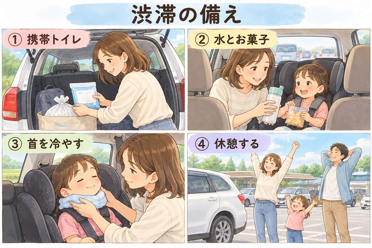 図解:渋滞の備え(携帯トイレ・水とお菓子・首を冷やす・休憩する)