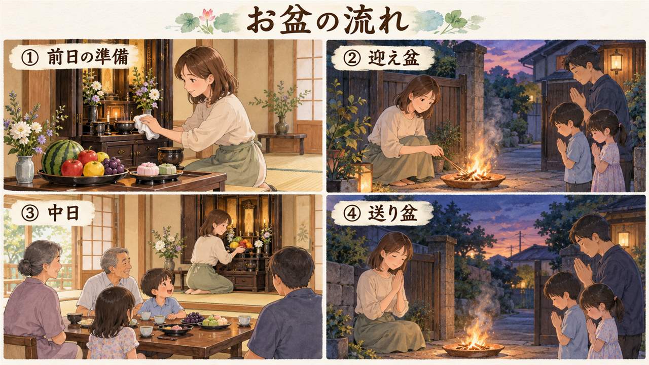 図解:お盆の流れ(前日の準備・迎え盆・中日・送り盆)