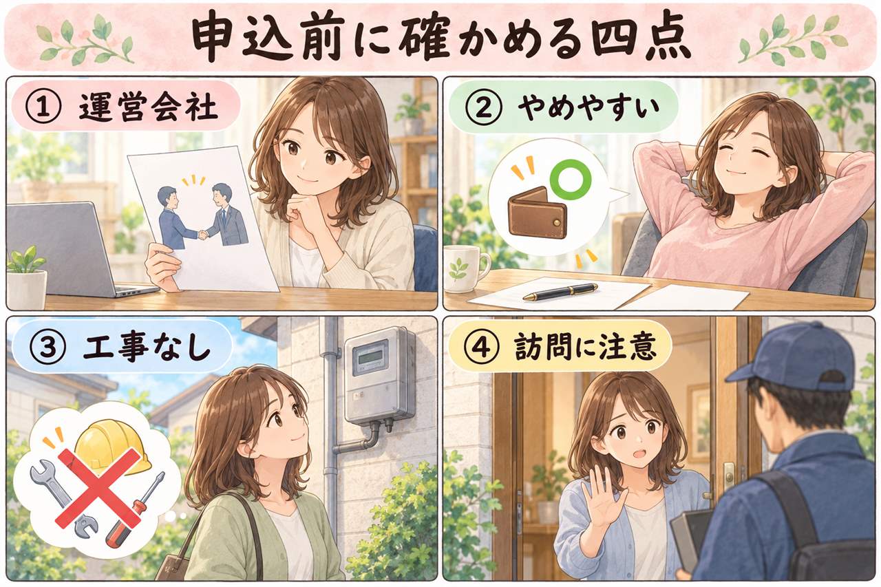 4コマ漫画:申込前に確かめる四点(運営会社・やめやすい・工事なし・訪問に注意)