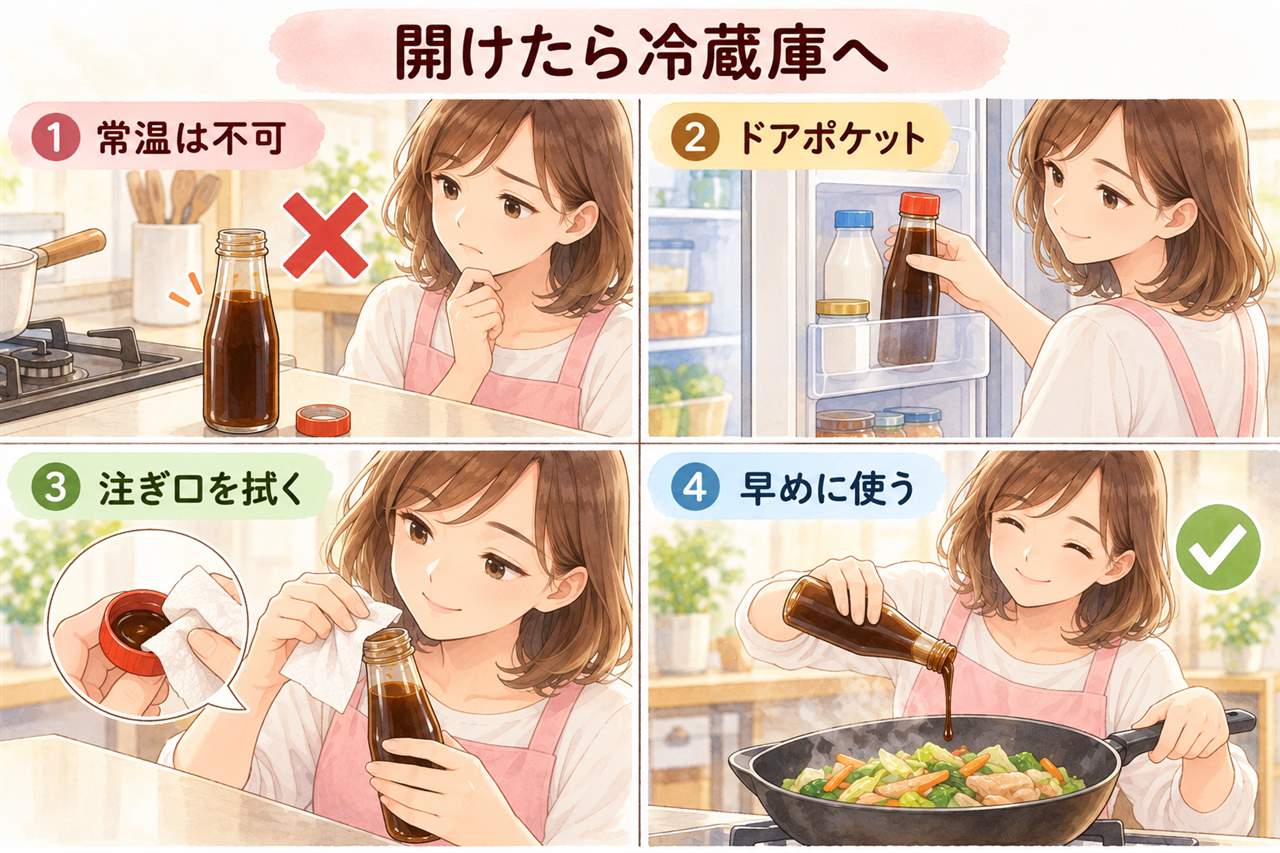 図解：オイスターソースは開けたら冷蔵庫へ