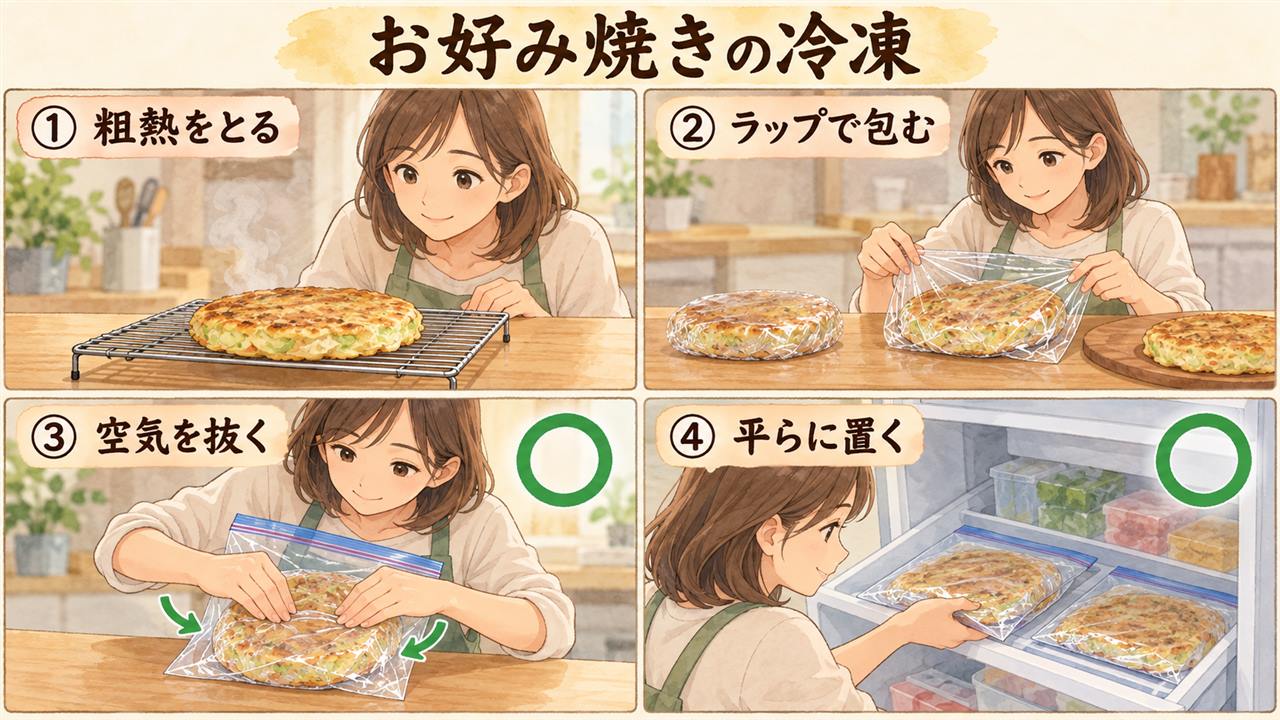 図解:お好み焼きの冷凍(粗熱をとる・ラップで包む・空気を抜く・平らに置く)