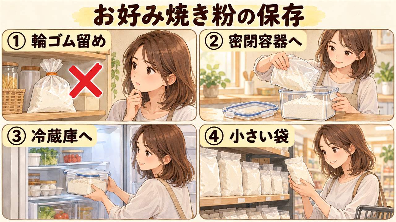 図解：お好み焼き粉の保存（輪ゴム留め・密閉容器へ・冷蔵庫へ・小さい袋）