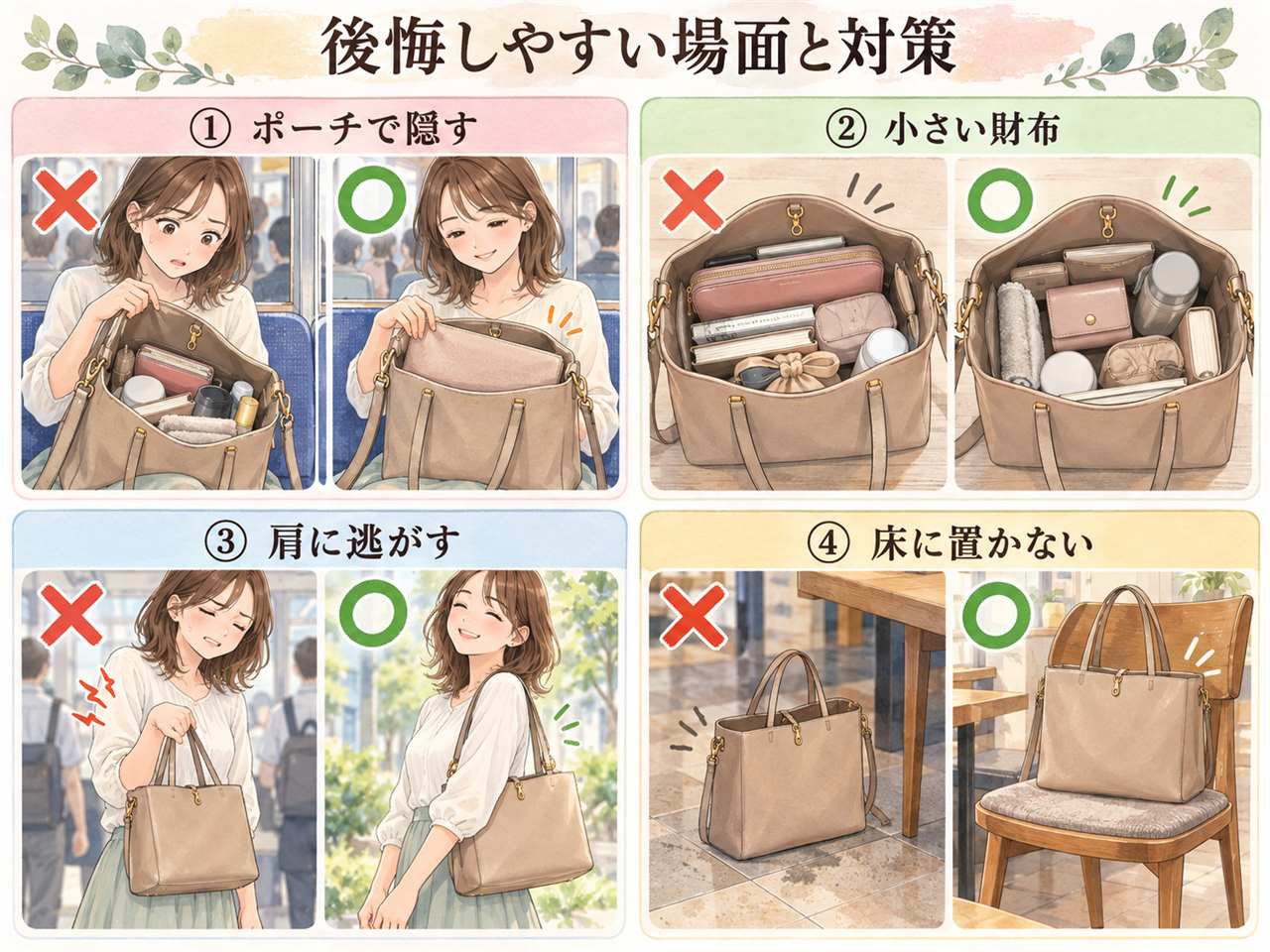 図解：後悔しやすい場面と対策（ポーチで隠す・小さい財布・肩に逃がす・床に置かない）