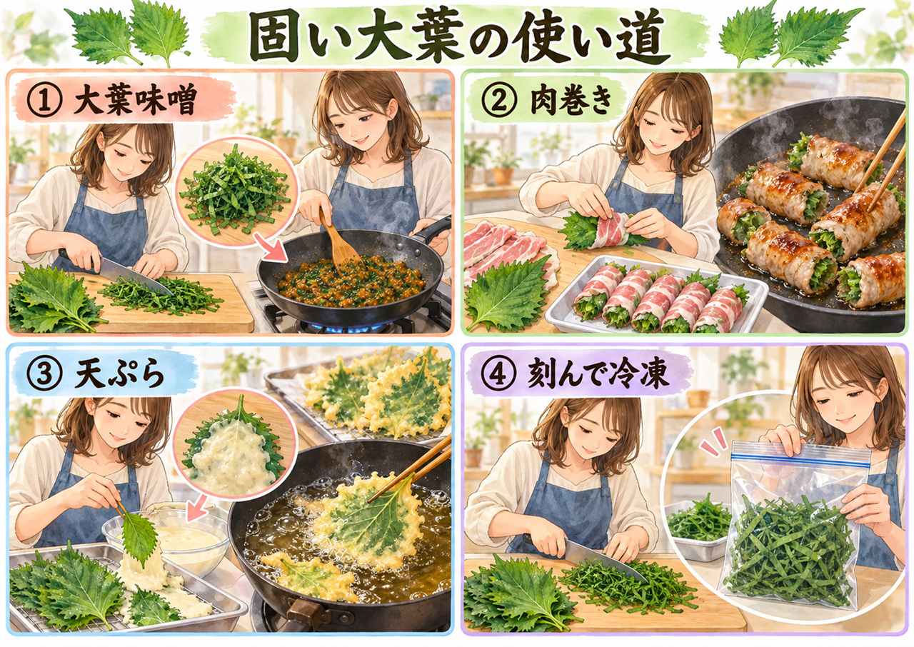 図解:固い大葉の使い道(大葉味噌・肉巻き・天ぷら・刻んで冷凍)