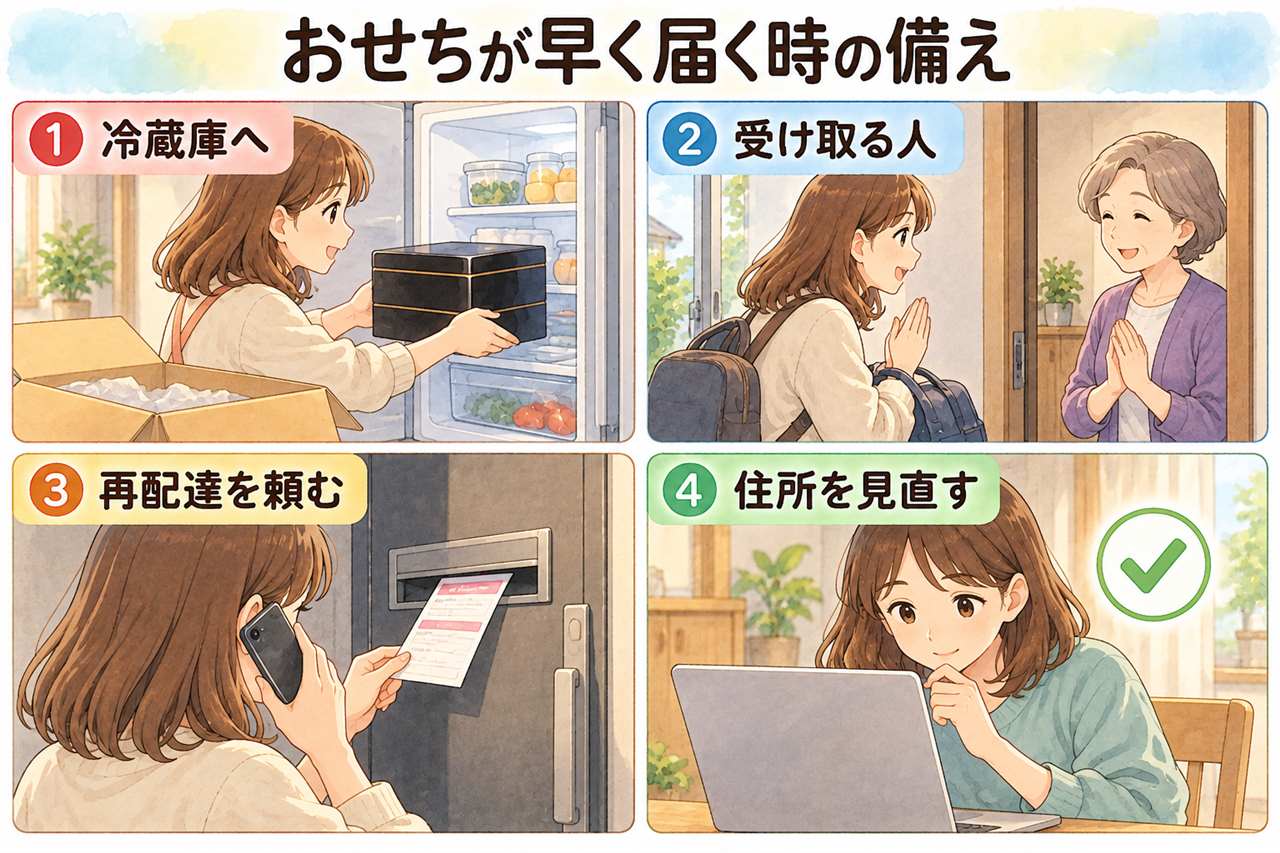 4コマ漫画：おせちが早く届く時の備え（冷蔵庫へ・受け取る人・再配達を頼む・住所を見直す）